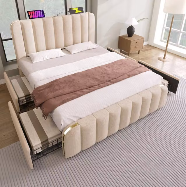 Letto imbottito 140x190 cm con 4 cassetti, USB/Type-C e rivestimento in lino beige