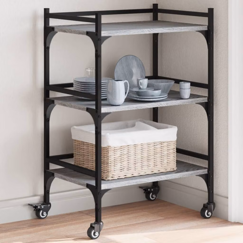 Carrello da cucina vidaXL in legno e metallo grigio, stile industriale con ruote, L 50 cm x P 35 cm x H 75,5 cm