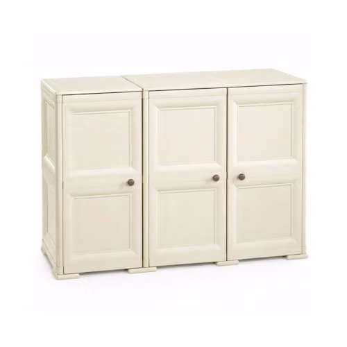 MA MAISON Armadio in Plastica 118 x 43 x 85.5 cm con 3 Ante e Finitura Effetto Legno – Mobile Contenitore Multiuso per Salotto, Balcone Coperto e Organizzazione Casa (Angora)