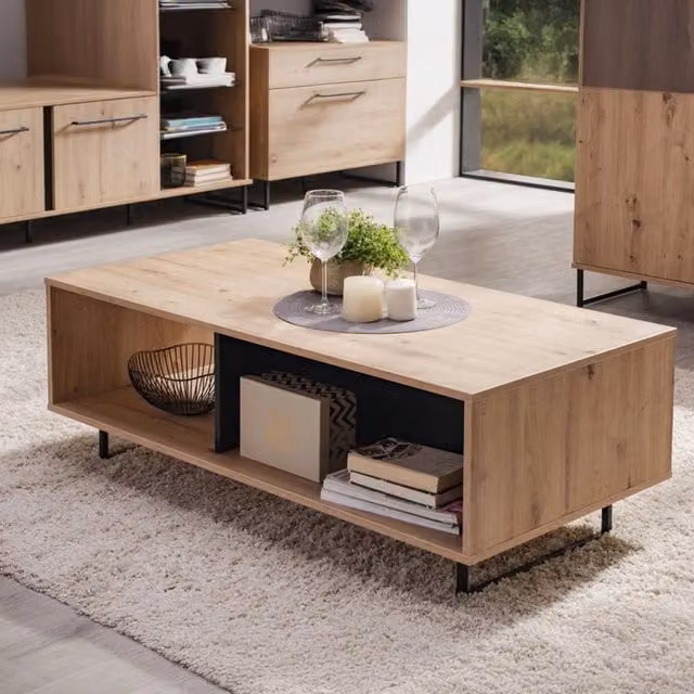 Tavolino da salotto moderno DMORA Corsano in legno rovere marrone e nero L/P/H: 120.5 x 60.5 x 42.5 cm – 1