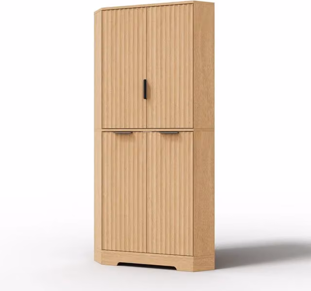 Mobile angolare moderno in MDF beige con 4 ante e ripiani interni per cucina, soggiorno o sala da pranzo, L/P/H: 60 x 60 x 172 cm