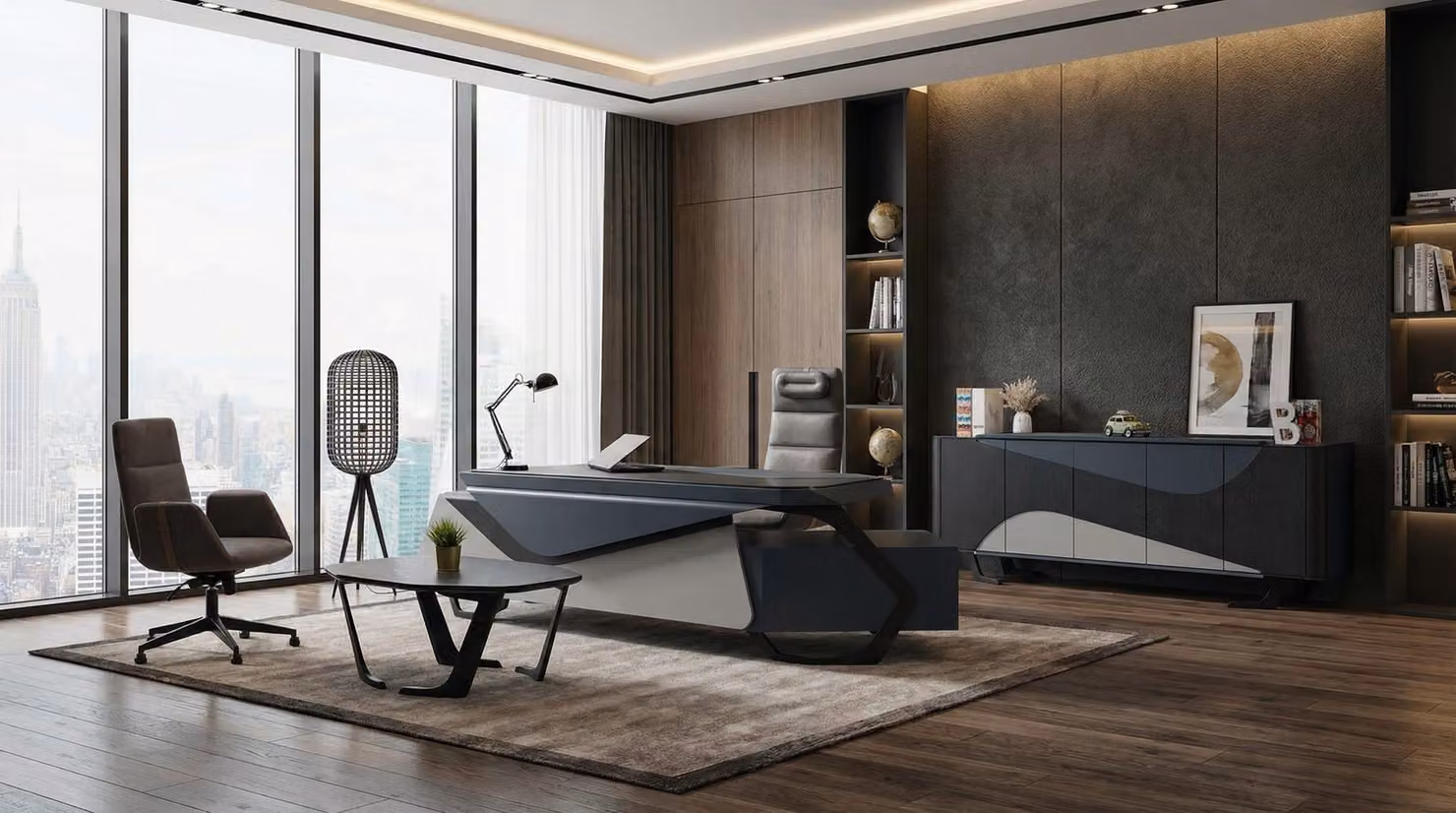 Set completo per ufficio: scrivania, mobiletto laterale, tavolino da caffè, design moderno