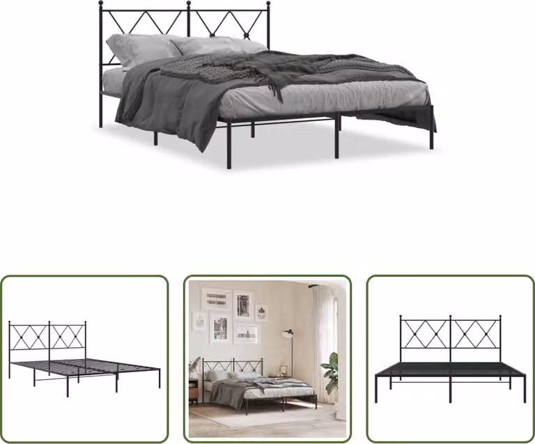 The Living Store Struttura letto con testiera in metallo nero 135x190 cm