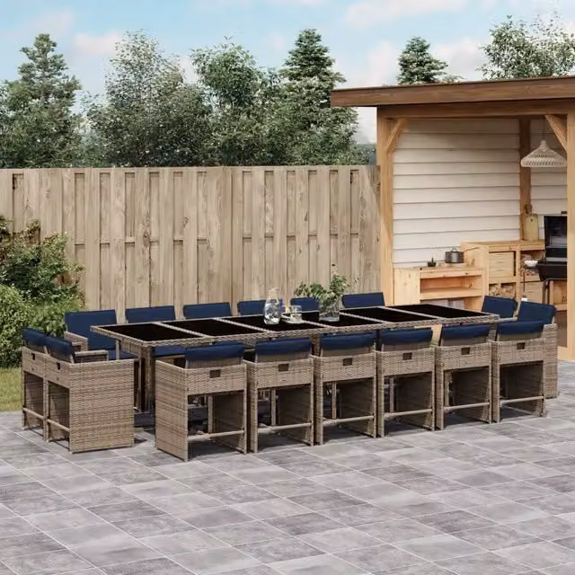 Set da pranzo da giardino vidaXL in polyrattan con cuscini e tavolo in vetro, 17 pezzi, Grigio