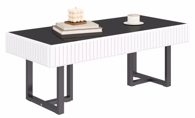 Tavolino Moonbite con piano lucido nero, tavolo da soggiorno 110 × 50,5 cm, struttura in ferro robusta, design a contrasto, piano in MDF e pannello di particelle di legno, colore nero
