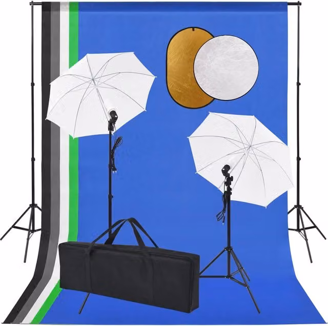 Kit professionale per studio fotografico con luci, 5 fondali in tessuto e riflettore, supporto a treppiede regolabile, colore bianco e nero