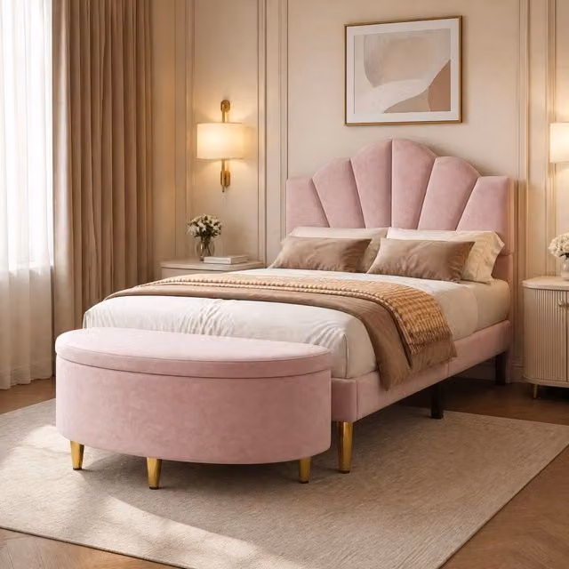 Letto imbottito 90x200 cm con testiera regolabile; struttura a doghe in legno e velluto rosa