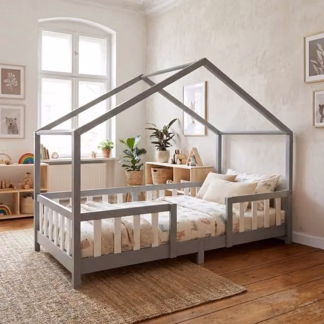 Letto per Cameretta Treviolo a Forma di Casetta in Stile Montessori 90x200 cm Grigio Chiaro/Bianco [en.casa]