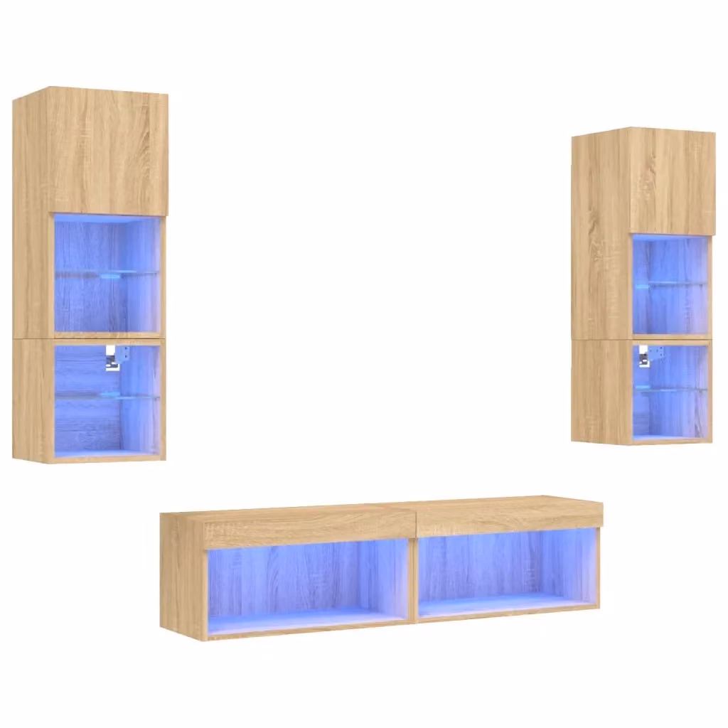 Mobile TV a muro vidaXL con illuminazione LED integrata, 6 pezzi, Rovere Sonoma, Legno Multistrato Marrone – 2