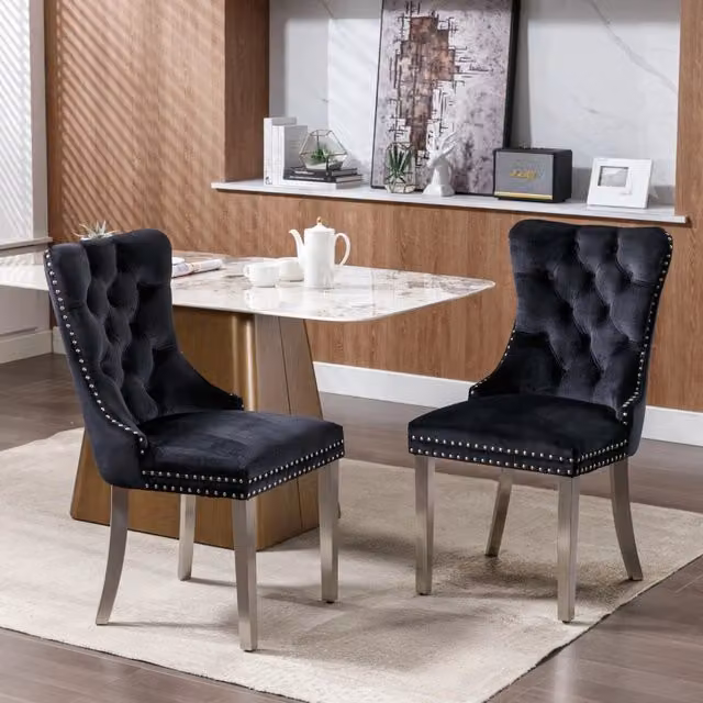 Set di 2 sedie da pranzo imbottite in velluto nero con gambe in metallo e legno MINIMAL