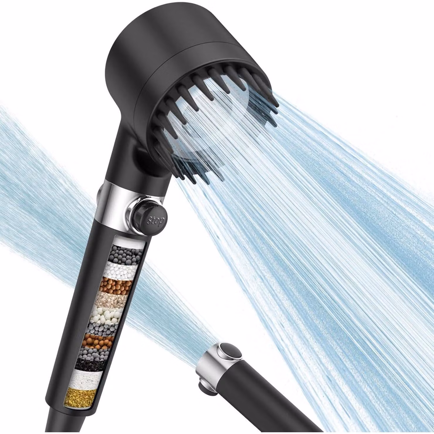 Testina doccia ad alta pressione con filtro, tubo da 1,5 metri, 4 modalità di spruzzo, 15 livelli di filtrazione, colore nero
