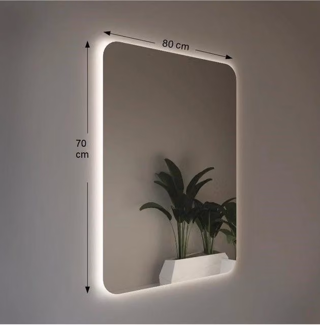 Specchio da Parete Rettangolare Etrusca con Retroilluminazione LED e Angoli Raggiati L: 80 cm, H: 110 cm