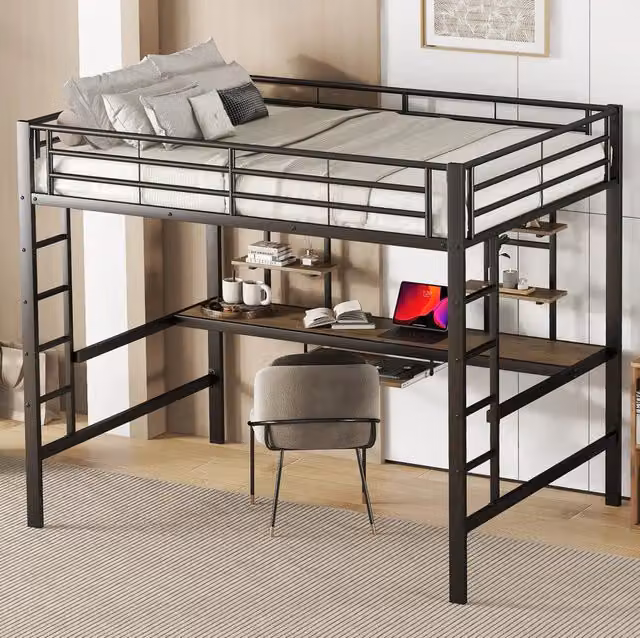 Letto a soppalco 140x200 cm nero in metallo con scrivania e 2 librerie