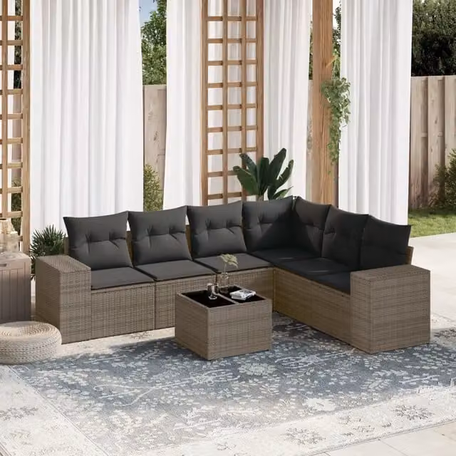 Set di divani da giardino VIDAXL in polyrattan grigio con cuscini, composizione a L per 7 persone