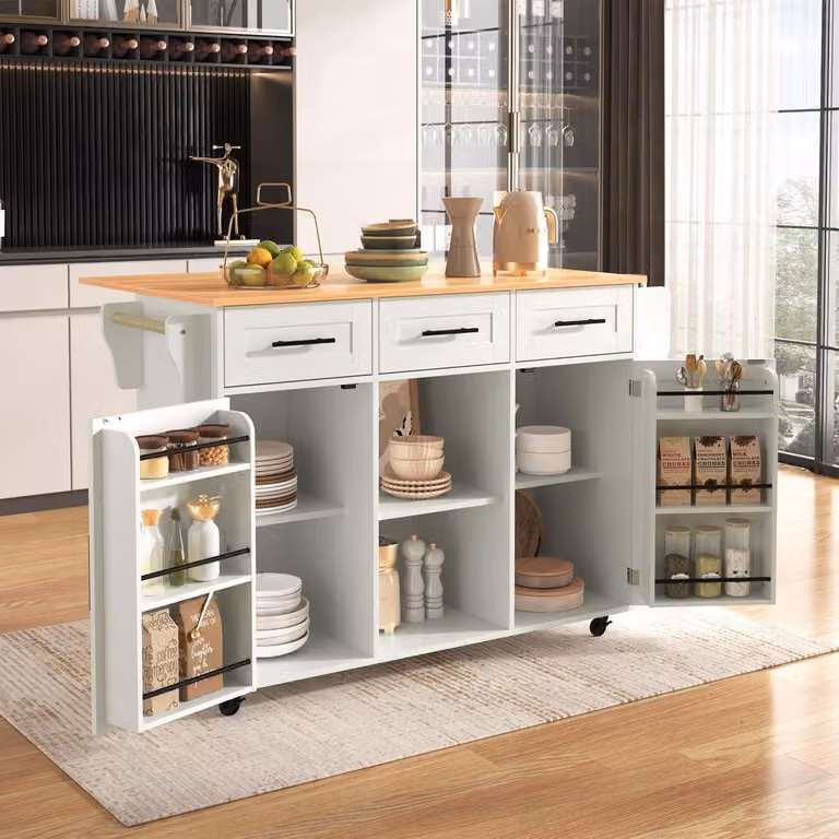 Isola da cucina autoportante con piano di lavoro pieghevole, 5 ruote, 3 cassetti, bianca, dimensioni 139x46(71)x91,5 cm