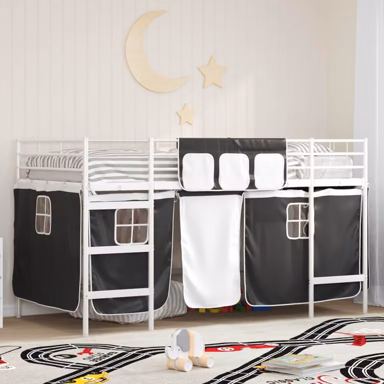 vidaXL Letto a castello per bambini in metallo con tendine Bianco e Nero L/P/H: 190 x 90 x 205 cm