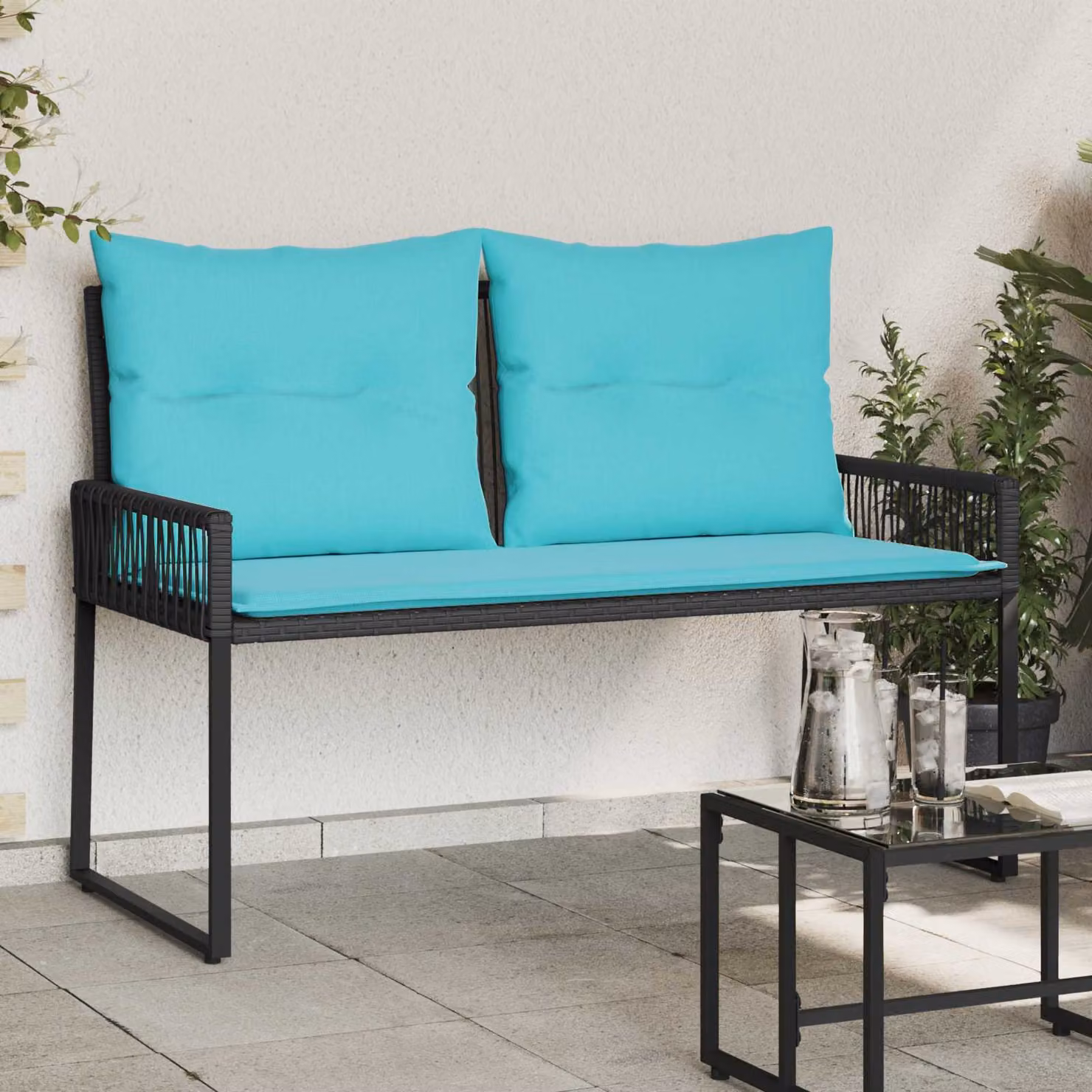 Set di 4 panchine da esterno vidaXL in rattan e metallo con braccioli, modello moderno per giardino e terrazzo, L 118 cm x P 59 cm x H 82 cm, colori nero e turchese