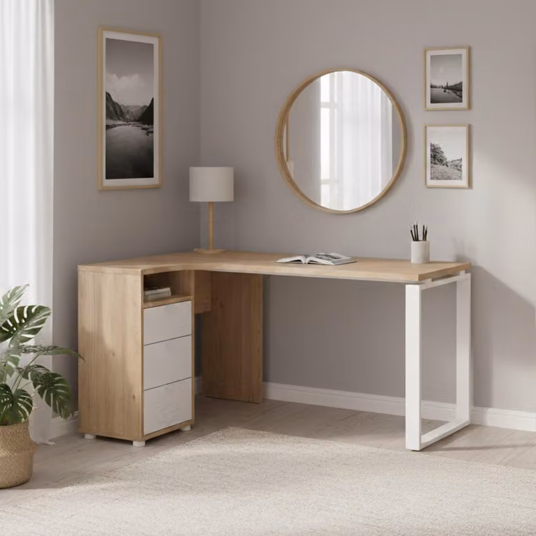 Dmora Scrivania Medard 99.6x150x75.6h cm Bianco, 3 Cassetti Materiale Piano in Legno Nobilitato