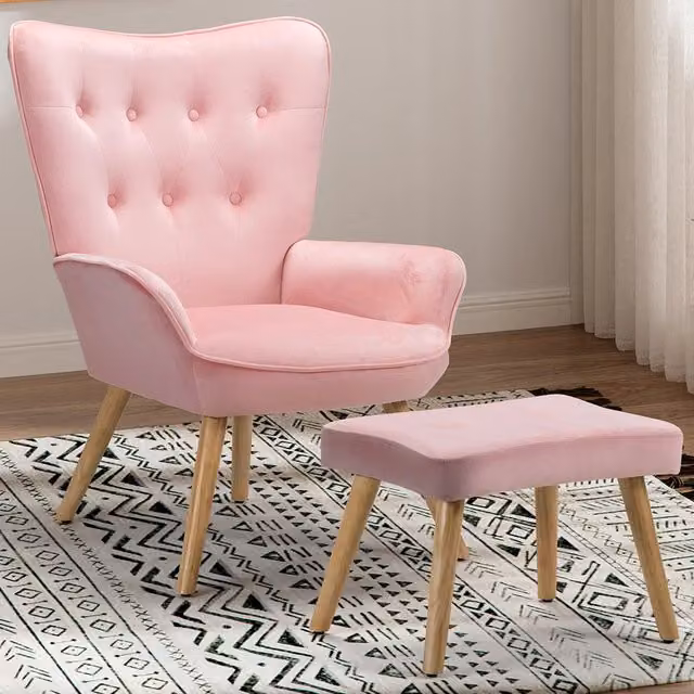 Poltrona Lounge in Velluto Rosa con Poggiapiedi Integrato e Gambe in Legno e Metallo in Stile Scandinavo Giordanoshop – 1