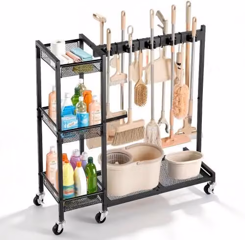 Carrello Organizzatore per Scope e Prodotti di Pulizia VEVOR in Metallo con Ruote, Nero
