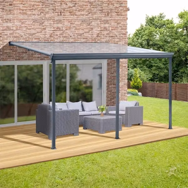 Tettoia a pergola IPERBRIKO grigia in alluminio e policarbonato con grondaia, L: 435 cm, P: 303 cm, H: 278 cm – 2