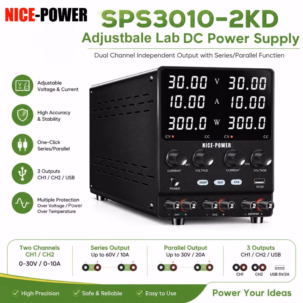Alimentatore DC a 60V 5A, doppio canale - Alimentatore da laboratorio regolabile - Compatto, ideale per test di elettronica