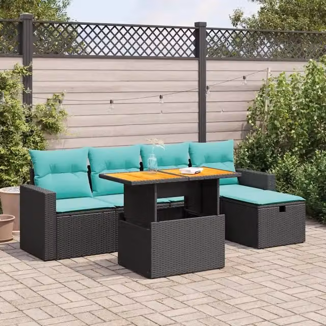 Set Divano da Giardino 6 pz con Cuscini Nero Polyrattan Acacia 3327995