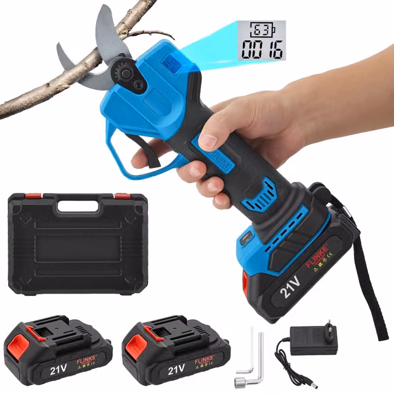 Potatore elettrico a batteria - 21 V con 2 batterie da 2000 mAh - Motore brushless - Lame Acciaio al carbonio SK5 - Diametro di taglio da 15 a 30 mm - Display LCD - Colore: blu