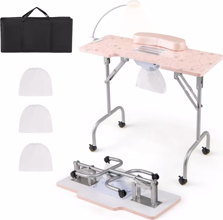 Tavolo per unghie pieghevole con aspiratore elettrico per polvere, rosa