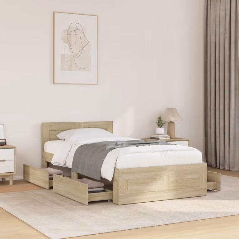 Giroletto vidaXL con Testiera in Rovere Sonoma e Cassetti, L/P/H: 200 x 90 x 93 cm