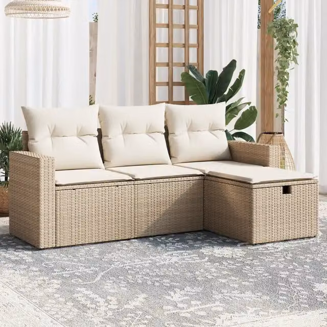 Set Divano da Giardino 4 pz con Cuscini-Sofa da Giardino-Divanetto da esterno Beige in Polyrattan 349322
