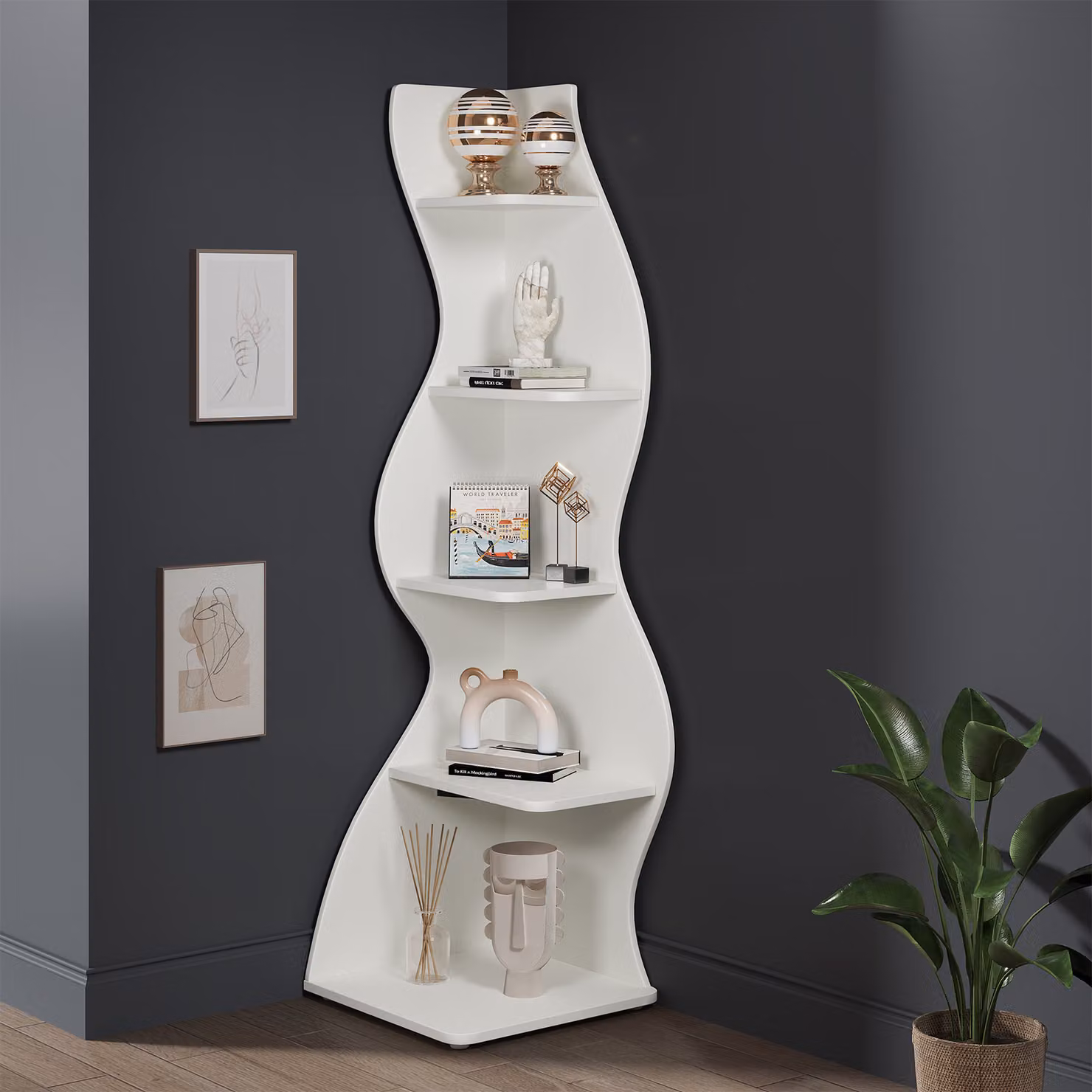 Tribesigns Scaffale ad angolo, altezza 183 cm, scaffale portaoggetti, libreria, porta piante, mobile organizzatore, 5 livelli, moderno, per casa, ufficio, soggiorno, bianco
