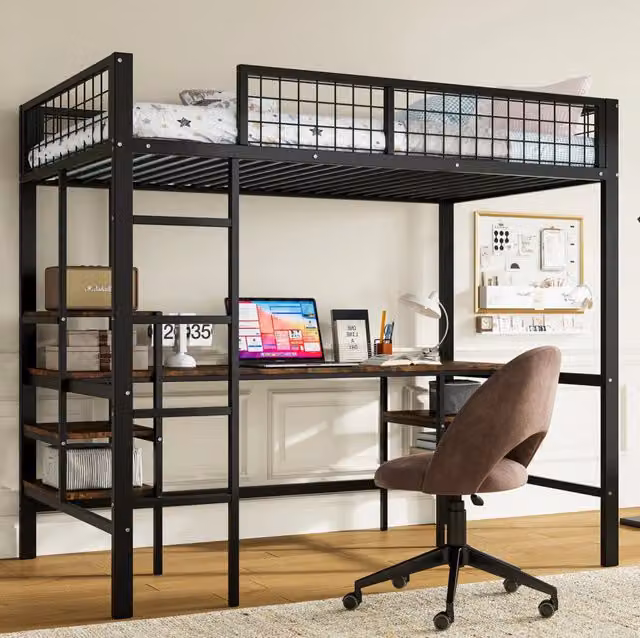 Letto a castello in metallo e legno 90x200 cm con tavolo; ripiani e scala a 4 gradini; nero