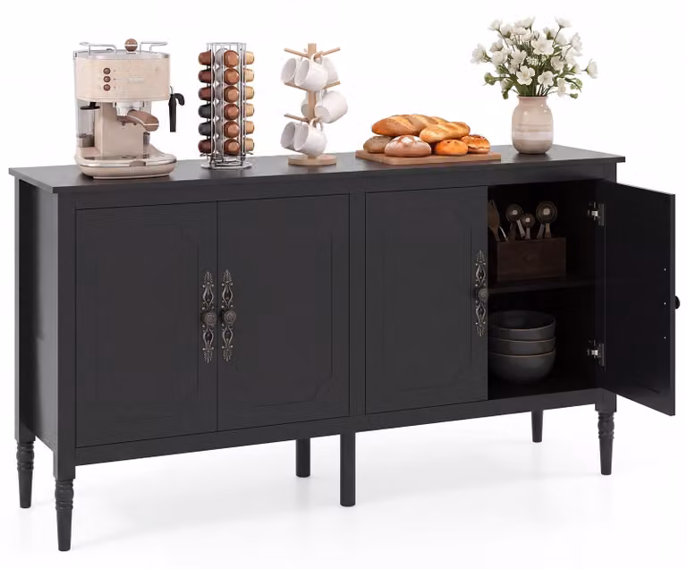 Mobiletto laterale COSTWAY, credenza con 4 ante, armadietto da cucina con piano di lavoro e ripiani interni, mobile buffet con gambe per la cucina, dimensioni 148 x 39,5 x 80,5 cm