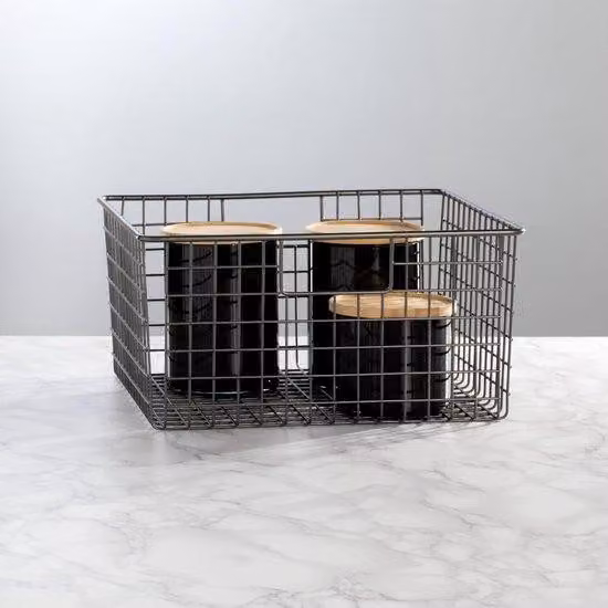 Set da 4 cestini in filo metallico grigio, multifunzionali e compatti