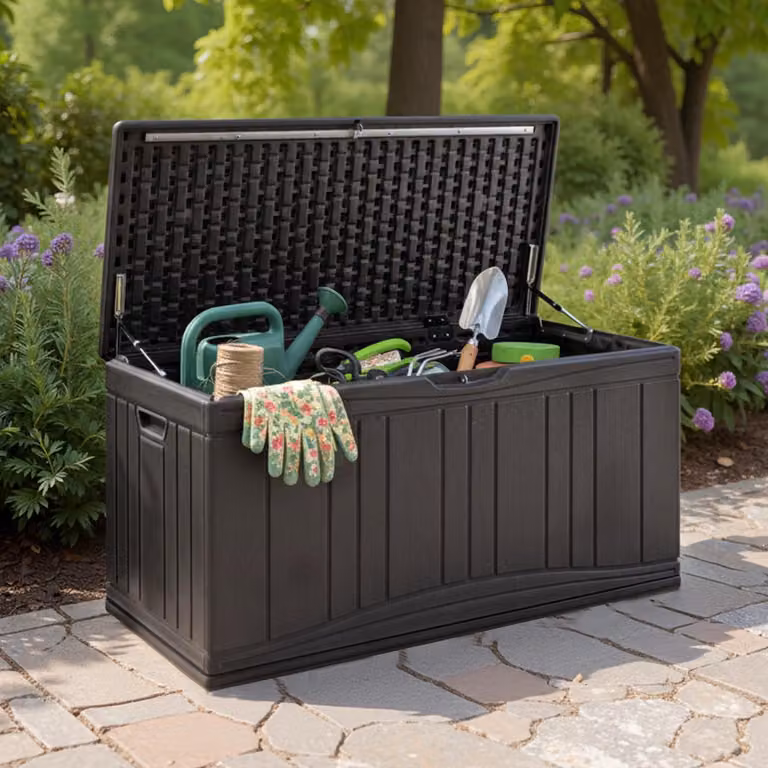 Cassetta da giardino da 300 litri, cassetta portaoggetti impermeabile con coperchio, barre di sostegno e apertura per serratura, cassetta portaoggetti in HDPE (marrone)
