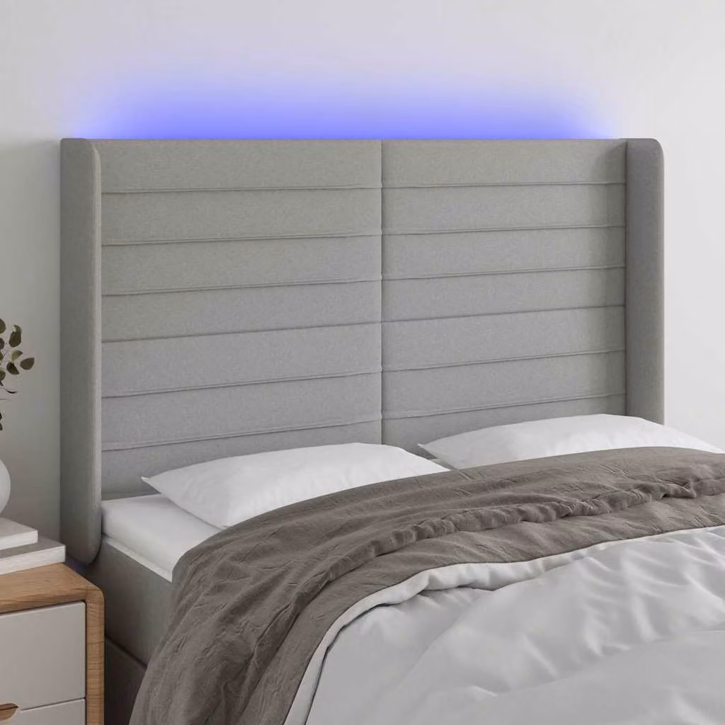 vidaXL Testiera con LED e Porte USB in Tessuto Grigio L: 147 cm, P: 16 cm, H: 118-128 cm – 1