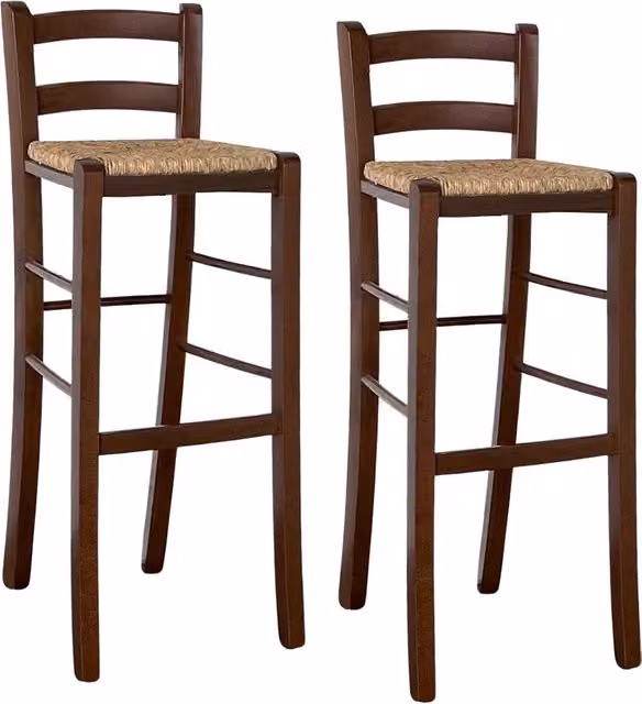 Set di 2 sgabelli alti da bar in legno noce scuro con seduta in rattan per cucina e soggiorno, Altezza: 80 cm