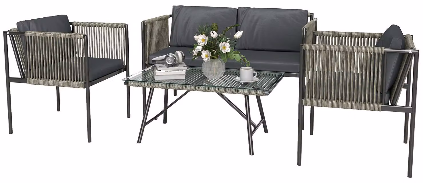 Set di mobili da giardino composto da 4 pezzi: 1 divano, 2 poltrone, 1 tavolo con piano in vetro, cuscini, struttura in acciaio, rattan sintetico, grigio