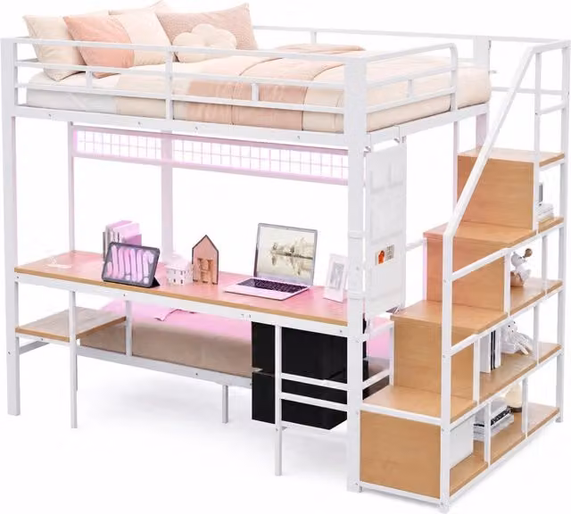 Letto a soppalco 140x200 cm con letto inferiore 90x200; scrivania LED e prese; bianco
