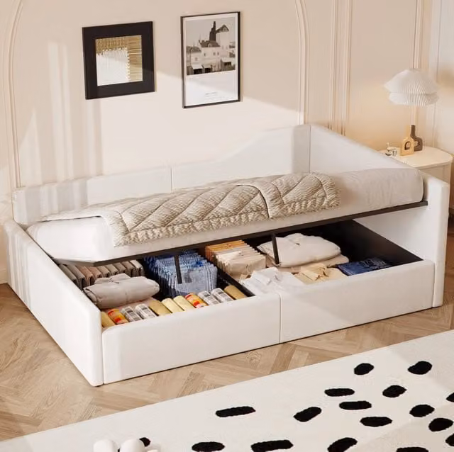 Letto da giorno imbottito 140x200 cm con contenitore; beige