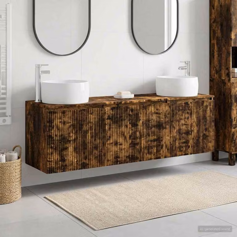 Set di 3 mobili da bagno vidaXL in stile minimalista, colore marrone rovere fumo, con base e pensili sospesi L/P/H: 49,5 x 44,5 x 66 cm
