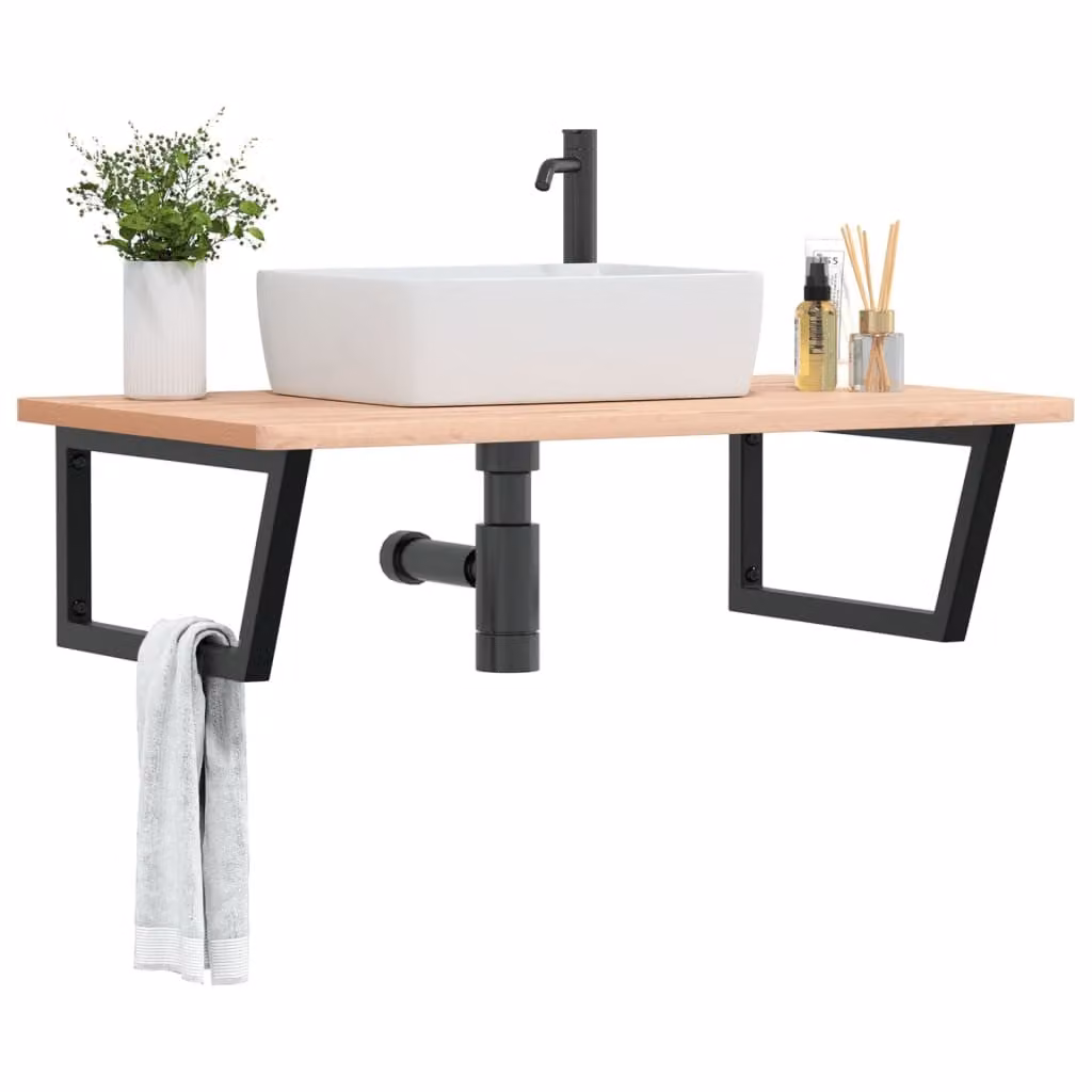 vidaXL Ripiano a Parete per Lavabo in Faggio e Metallo, Nero e Marrone