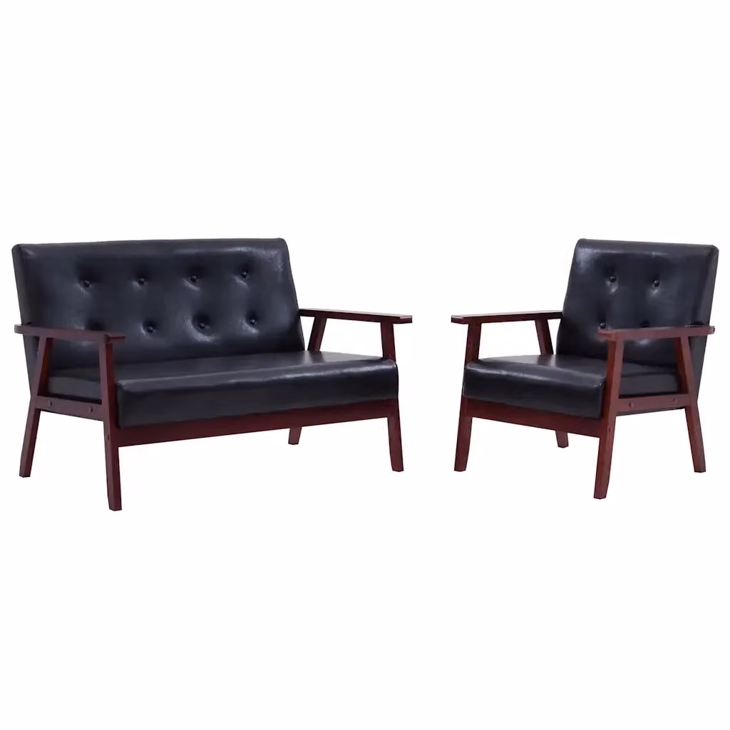 Set di divani vidaXL in similpelle nera con struttura in legno massello stile mid-century, composto da un divano a 2 posti e una poltrona – 2