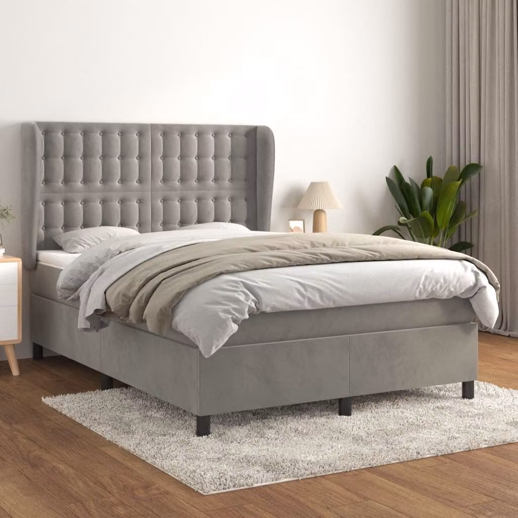 The Living Store Letto a molle con materasso grigio chiaro 140x190 cm in velluto