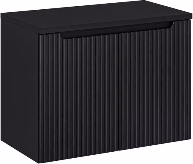 Set da bagno sospeso VANO 80cm: mobile sotto lavabo con armadietti a scanalature nero opaco + piano per lavabo nero opaco