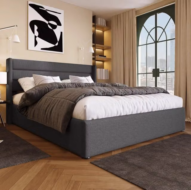 Letto matrimoniale imbottito con contenitore MODFU in lino grigio, L/P: 160 x 200 cm