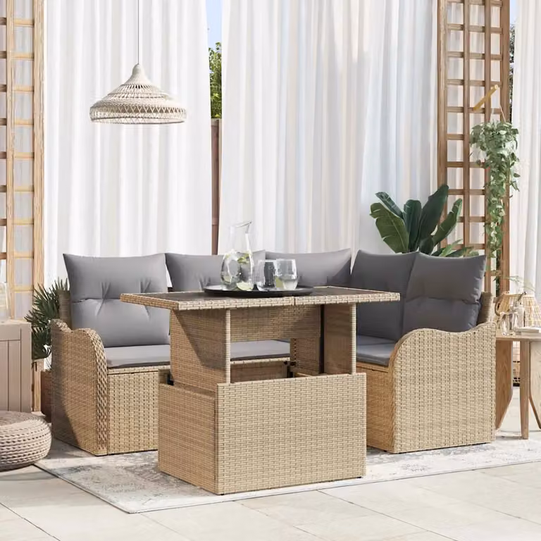 vidaXL Set Divano da Giardino a L 5 Pezzi Beige con Cuscini e Tavolino in Rattan e Metallo