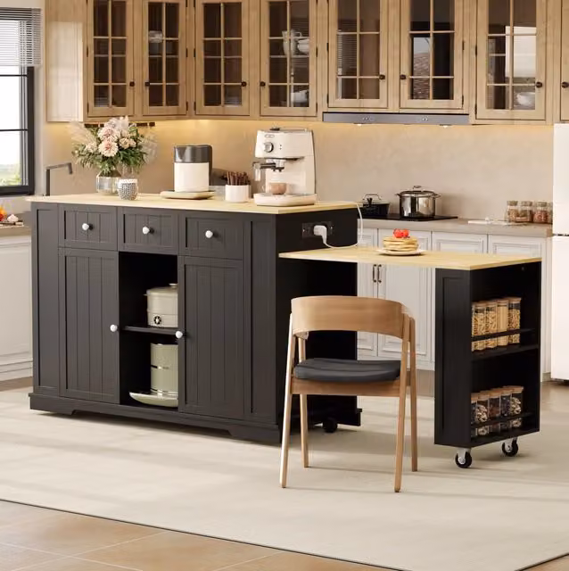 Isola da cucina ULEVR 138(213)x55x93 cm con tavolo estraibile, prese USB, 2 ante e 2 cassetti, nero naturale