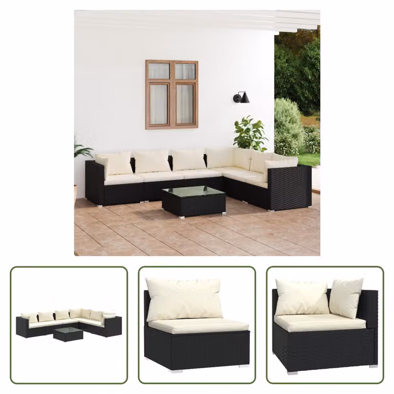 The Living Store Set da giardino 7 pezzi con cuscini in poly rattan nero